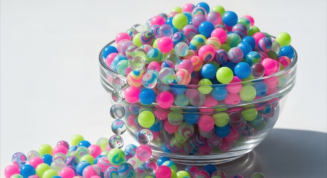 Vibrant colorful orbeez hydrogel beads spill from glass bowl, dynamic arrangement with copy space