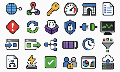 Fototapeta premium Pixel icon set for technology web developers and cyber security data