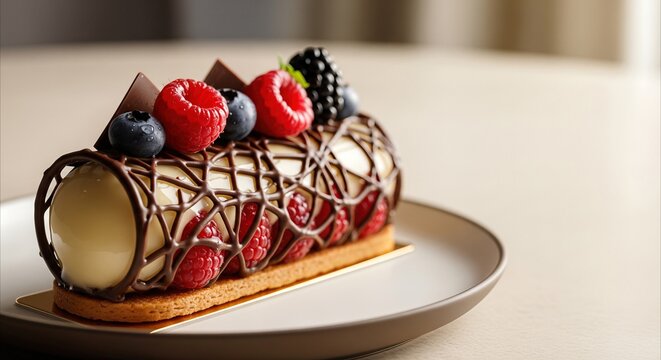Elegant chocolate lattice dessert with fresh berries and cream on minimalist plate, artistic food styling for luxury promotions.