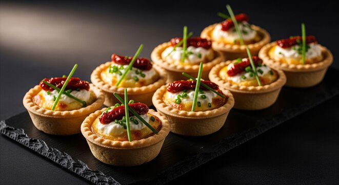 Elegant Savory Tartlets with Cream Cheese and Sun-Dried Tomatoes, Artfully Arranged for Catering Events