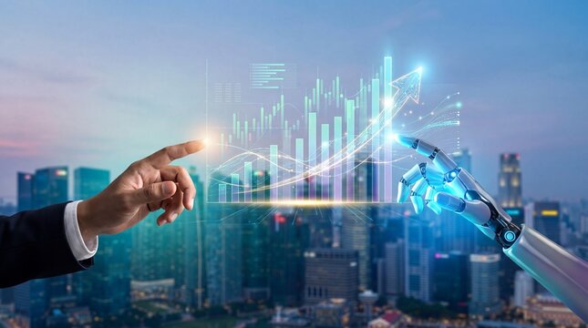 Hand reaching towards robotic touchpoint in futuristic digital cityscape with data growth visualization