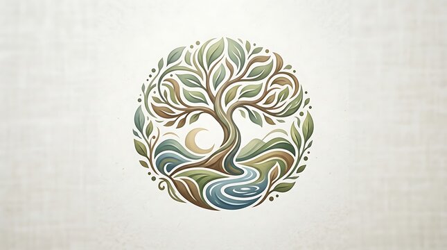 Stylized tree of life emblem with river and moon landscape