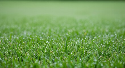 Fototapeta premium Lush green grass with sparkling dew drops in soft daylight, perfect for serene nature or garden themes with copy space