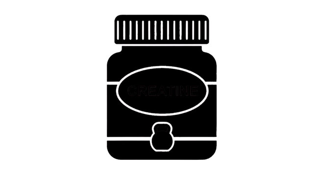 Minimal black silhouette icon, simple flat vector, bold black shape, no, no shading creatine supplement jar icon, fitness nutrition container on a, flat icon style