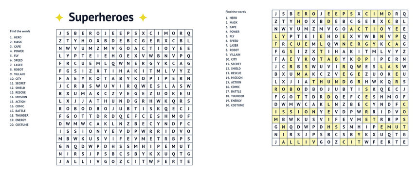 Word search with answer key featuring superheroes puzzle  
