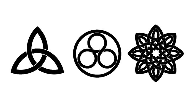 Minimal black silhouette icon, simple flat vector, bold black shape, no, no shading set of three celtic knot symbols on a, flat icon style