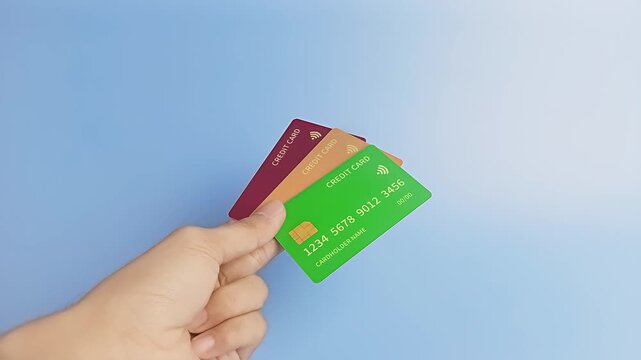 Hand holding three red, orange, and green credit cards on a blue background. Financial concept for multiple bank choices and payment options.
