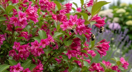 Fototapeta premium Bumblebees foraging on vibrant pink Weigela flowers in a lush summer garden, showcasing pollination and nature's beauty.