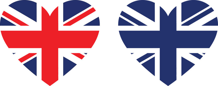 Two heart shapes with the united kingdom flag pattern in red white and blue colors Vector