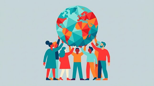 Diverse group of people holding a geometric globe together