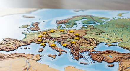 Obraz premium Map of Europe with yellow stars marking locations on wooden table 