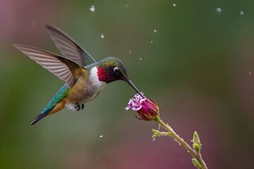Fototapeta premium Tiny Hummingbird Hovering Near Flower with Rain Droplets Portrait