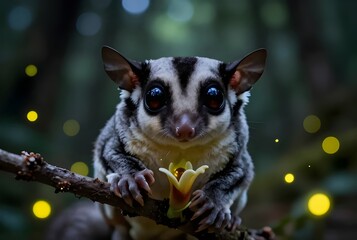 Fototapeta premium Cute Sugar Glider on Branch with Glowing Fireflies in Enchanted Forest