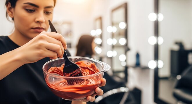 Hair colorist carefully mixing vibrant red dye in a salon, showcasing expertise and a focus on craftsmanship.