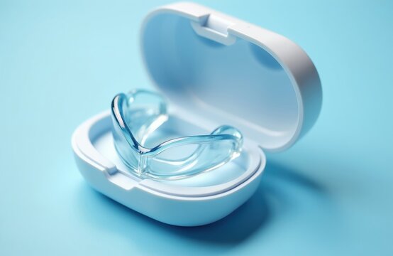Clear silicone anti snoring mouthpiece in white open case on blue background. Oral device for sleep, preventing snoring and teeth grinding. Dental aid for restful night sleep.