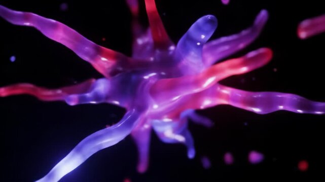 Mesmerizing, vibrant abstract fluid in swirling red, purple, blue hues, self-luminescent and expanding then contracting in a deep black void with bokeh and flares. Awe-inspiring cosmic art concept