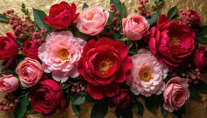 Naklejka premium Red and pink peonies with green leaves on gold textured surface. Floral arrangement shows deep colors and rich petals. Botanical elements form elegant natural design.