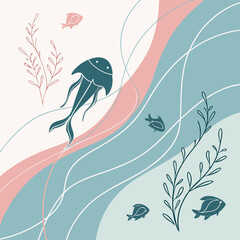 Abstract underwater scene with jellyfish and fish light blue graphic resource animal graphic underwater jellyfish © Hazrot