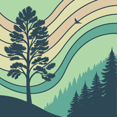 Obraz premium Scenic mountain forest landscape with retro sky lines nature art outdoor art travel art landscape mountains