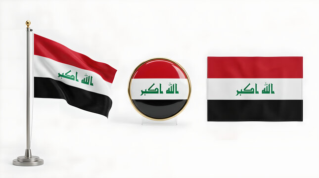 Iraq flag set, including a waving flag on a pole, a round badge, and a flat flag isolated on white background