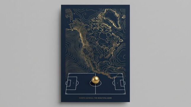 North america map with soccer field and golden ball illustration