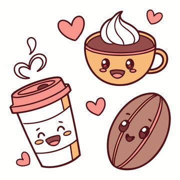 Cute kawaii coffee and hot chocolate drinks illustration with chocolate beverage caffeine character illustration