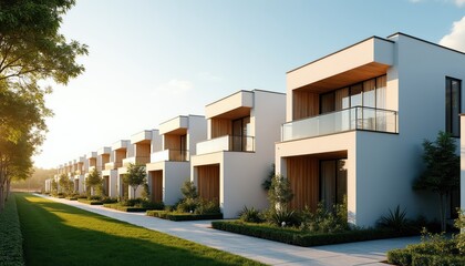Fototapeta premium Modern modular townhouses with balconies and wood accents line a green lawn and path. Clean white exterior designs feature large windows. These homes represent smart living and urban planning.