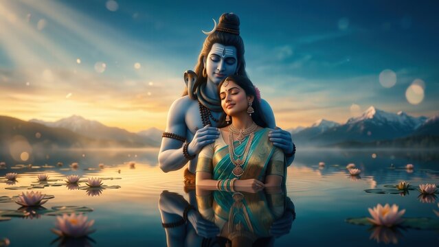 Shiva Parvati Sacred Embrace &ndash; Divine Lake Twilight Serenity