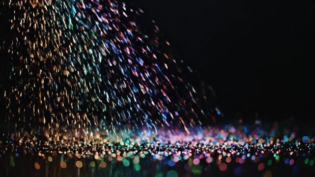 Colorful iridescent glitter falling against a dark black background