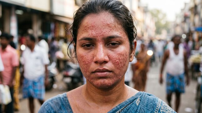 Front-facing portrait of a South Asian woman with visible heat rash and skin irritation on her face from prolonged summer heat exposure