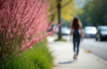Fototapeta premium Pink tamarisk bloom graces urban sidewalk, blurred woman walks past. Cars pass by on street, showcasing nature and city contrast. Green grass grows nearby.