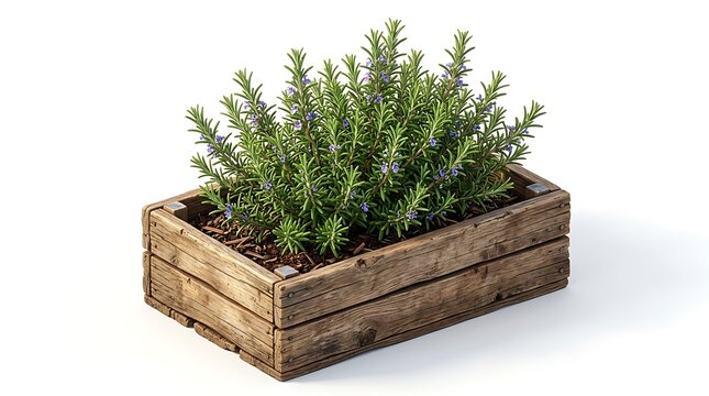 Flowering rosemary herb growing in a rustic wooden planter crate