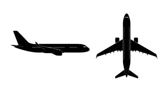 Minimal black silhouette icon, simple flat vector, bold black shape, no, no shading silhouette of a commercial passenger airplane in side and top view on a, flat icon style
