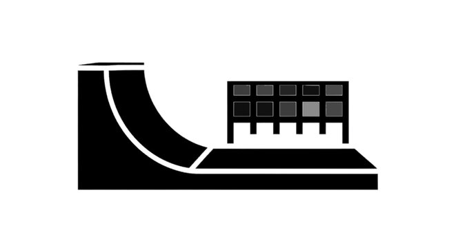 Minimal black silhouette icon, simple flat vector, bold black shape, no, no shading skate ramp icon, half pipe structure for extreme sports and skateboarding on a, flat icon style