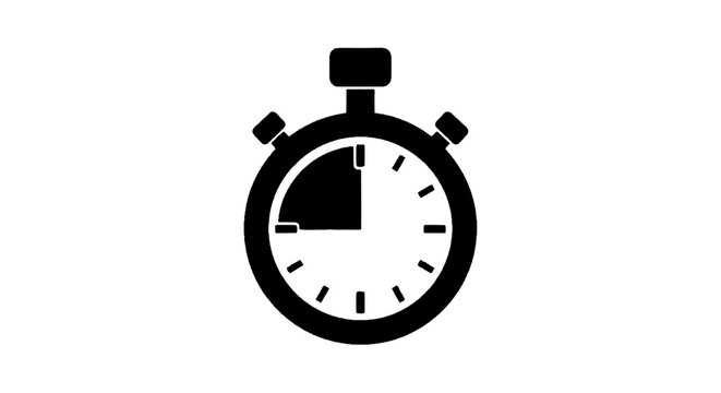 Minimal black silhouette icon, simple flat vector, bold black shape, no, no shading stopwatch icon with a quarter of the time elapsed on a, flat icon style