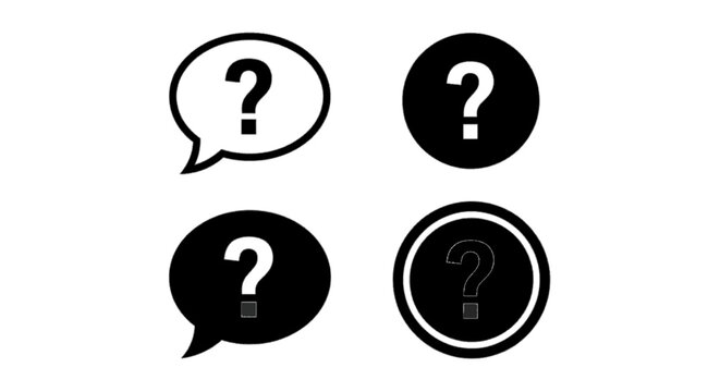 Minimal black silhouette icon, simple flat vector, bold black shape, no, no shading set of four question mark icons in speech bubbles and circles on a, flat icon style