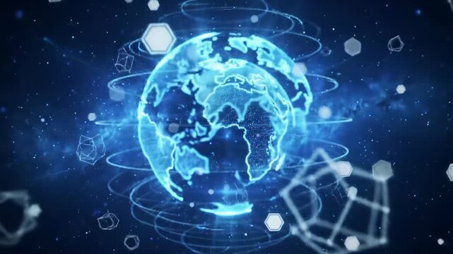 Glowing blue digital earth globe encircled by sparkling particles, hexagonal shapes, light rays radiate. Deep blue nebula background, 360-degree dolly video. Futuristic innovation and global