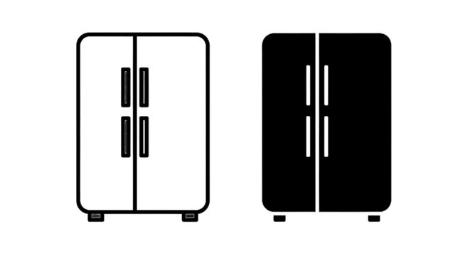 Minimal black silhouette icon, simple flat vector, bold black shape, no, no shading set of two refrigerator icons, outline and solid style on a, flat icon style