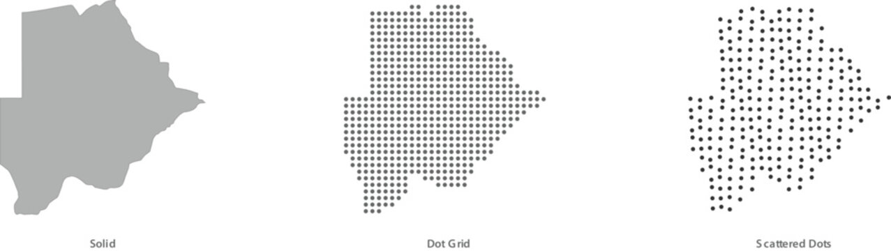 Botswana map silhouette in three different styles solid, dot grid, and scattered dots vector illustration