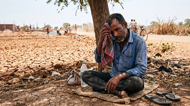 Exhausted rural man sitting alone on dry cracked earth in scorching heat wiping sweat with a cloth in a drought-stricken landscape