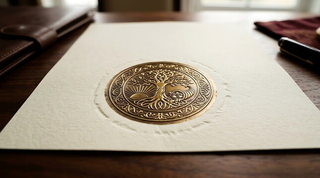 Golden embossed seal with tree of life on textured paper