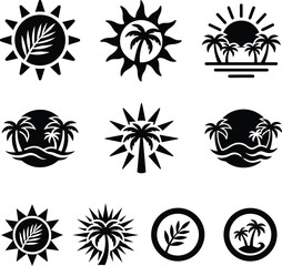 Collection of stylized tropical vacation icons featuring palm trees and sunbursts for summer holiday and travel themes © Nayon