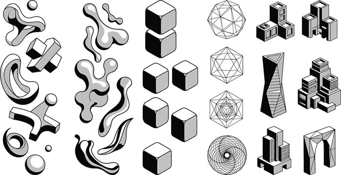 Set of 3D isometric geometric shapes and abstract objects