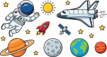 Cute Astronaut Outer Space Exploration Vector Set Featuring Space Shuttle, Rocket Ship, Satellite, Earth, Planets, Sun, Moon, and Yellow Star Illustrations © MstRabeya