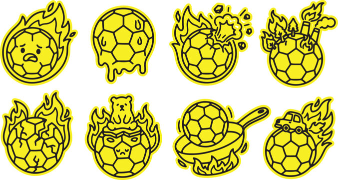Soccer ball faces and actions illustration with teddy bear hand drawn football illustration creative abstract character whimsical