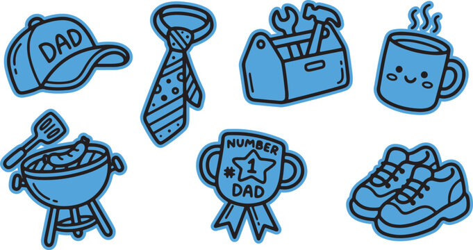 Father's day themed icons including 'dad' baseball cap tie tools barbecue with fathers day hot drink number one barbecue sneakers illustration celebration