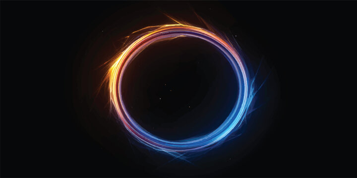 Abstract background with glowing blue circles and a bright solar eclipse ring burning with fiery energy in dark black space