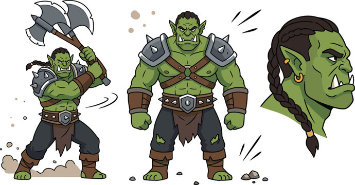 Fantasy Green Orc Warrior Character Vector Set Featuring Battle Axe Pose, Spiked Armor Standing Guard, and Braided Head Profile Illustrations for Games