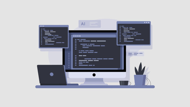 Illustration of programmer working with multiple screens showing coding on a desk
