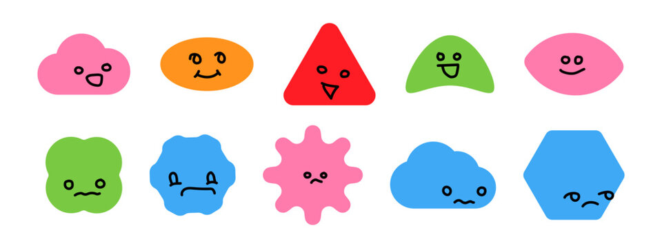 Geometric figure face Cute cartoon shapes with funny faces Cloud, triangle, oval elements with eyes set